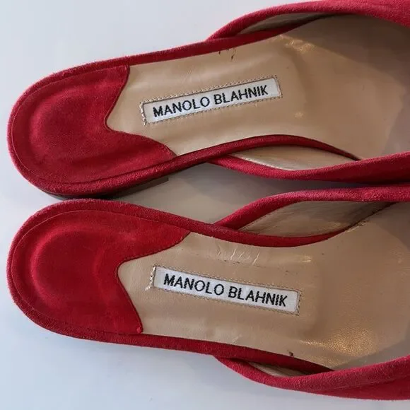 Manolo Blahnik Ballerimu Red Suede Bow Ballerina Flats Mules Shoes Size 40 US 10 - Picture 2 of 7